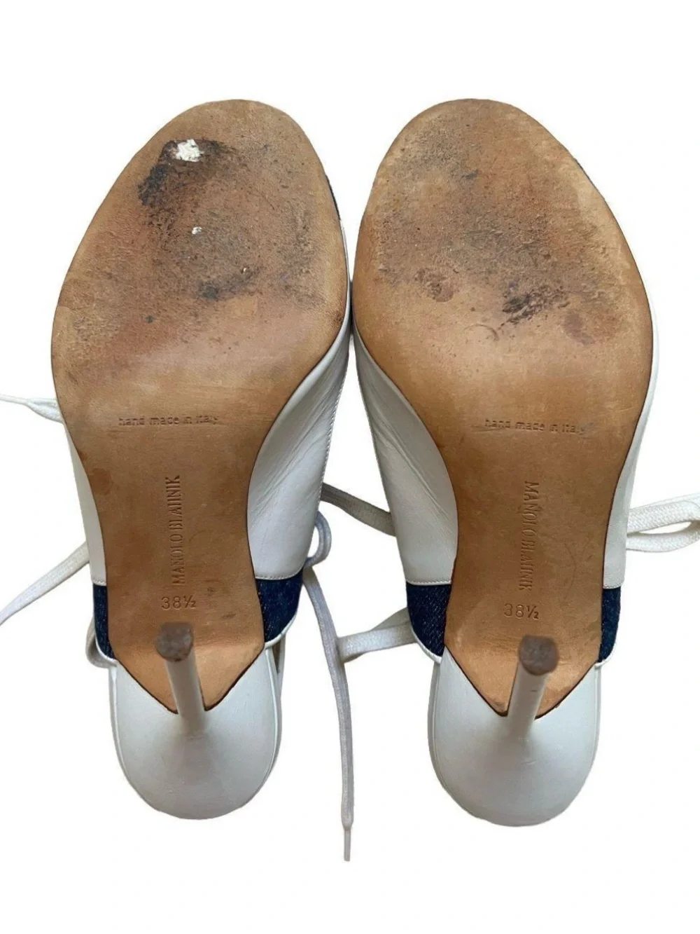 Manolo Blahnik White and Blue Denim Lace-Up Slingback Heels